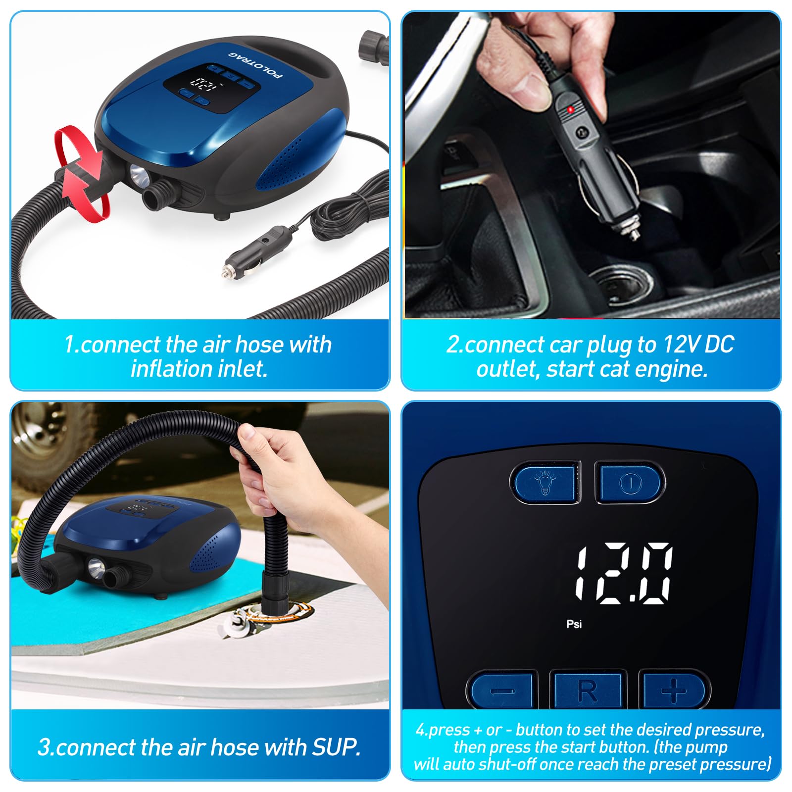**Professional 20 PSI SUP Electric Pump - Portable Air Compressor with Auto-Off & Deflation Function, 12V DC Car Adapter for Inflatable Paddle Boards, Kayaks, Boats - Perfect for Beach, Lake & Outdoor Water Sports**