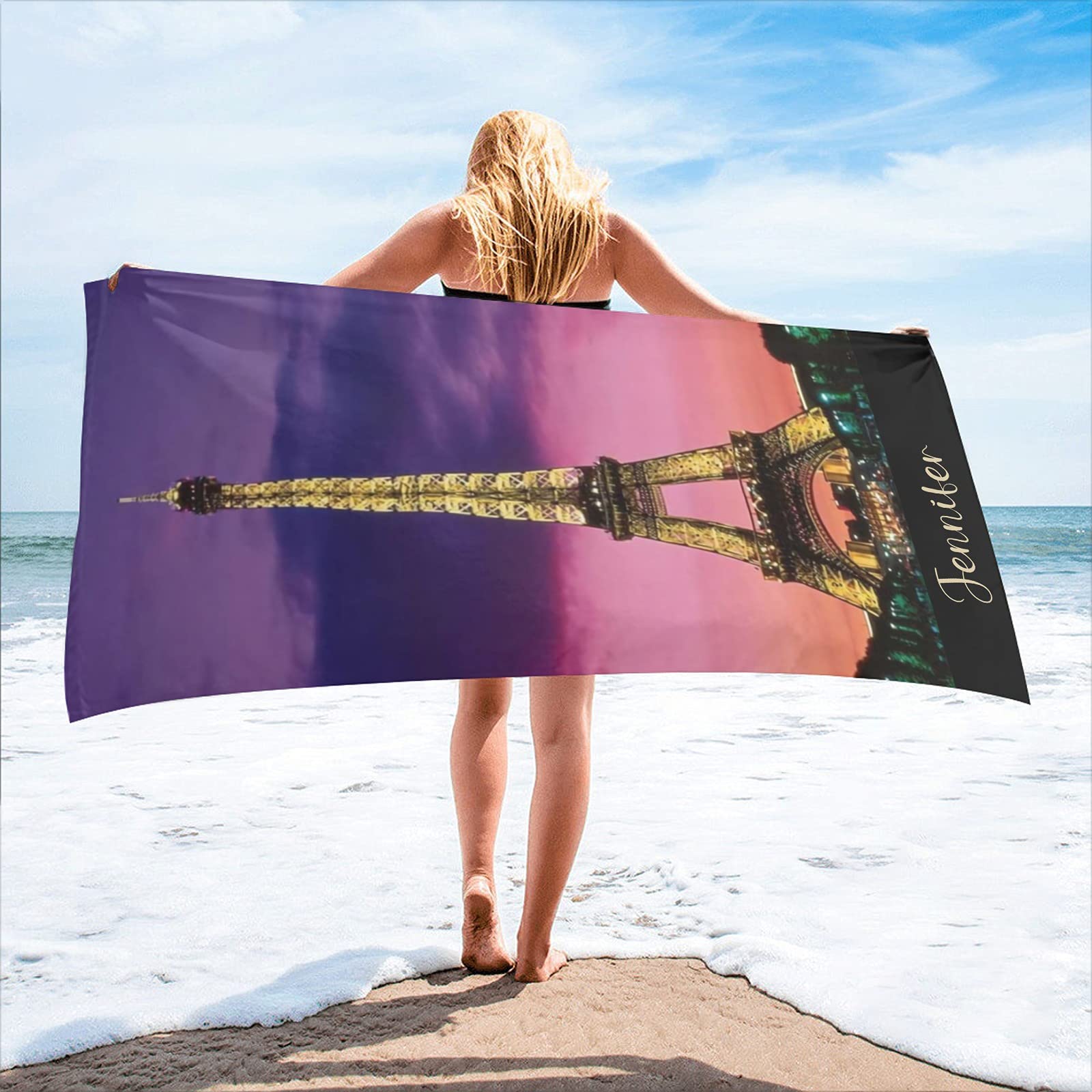 Personalized Paris Eiffel Tower Beach Towel with Name - Quick Dry Absorbent Bath Towel 30x60 Inches - 2-Sided Printed for Pool, Beach, Travel & Gifts