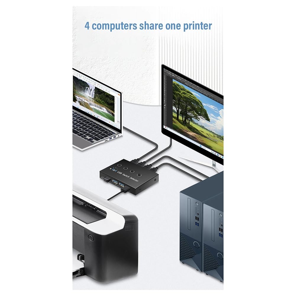 JUJNE USB 3.0 KVM Switch 4 Port - 4 Computer Sharing Device for PC, Laptop, Printer, Mouse & Keyboard - High-Speed USB 3.0 Hub for Home Office & Gaming Setup