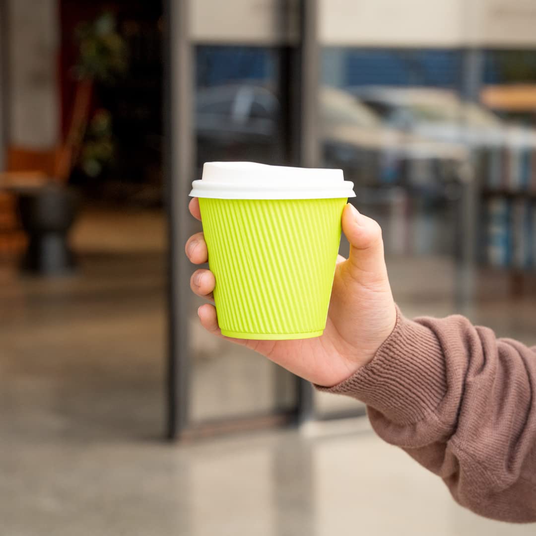 8 oz Disposable Coffee Cups - 25 Pack Double Wall Hot Paper Cups with Rippled Design, Light Green | Eco-Friendly & Leak-Resistant for Coffee, Tea, Hot Chocolate | Perfect for Cafes, Offices & Home Use