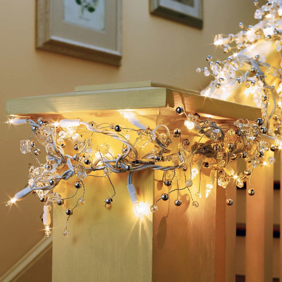 GE Christmas Holiday Decor Lights Set - 9' Glitter Gem Garland with 100 Clear Constant-On LED Lights, White Wire Indoor Decoration (1 Box) - Perfect for Tree Trimming, Mantel Decor, and Holiday Party Lighting