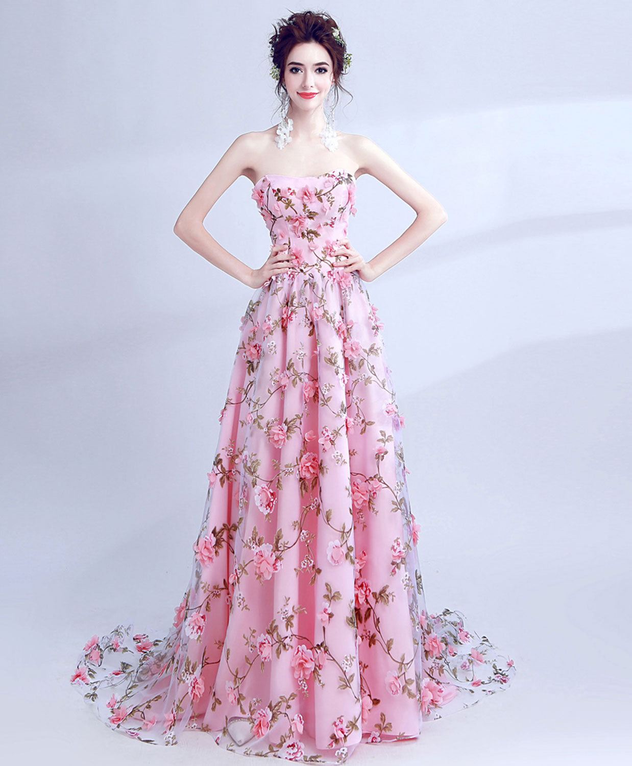 Elegant Pink Tulle 3D Flowers Long Prom Dress for Women - Perfect for Graduation, Formal Dances & Special Occasions