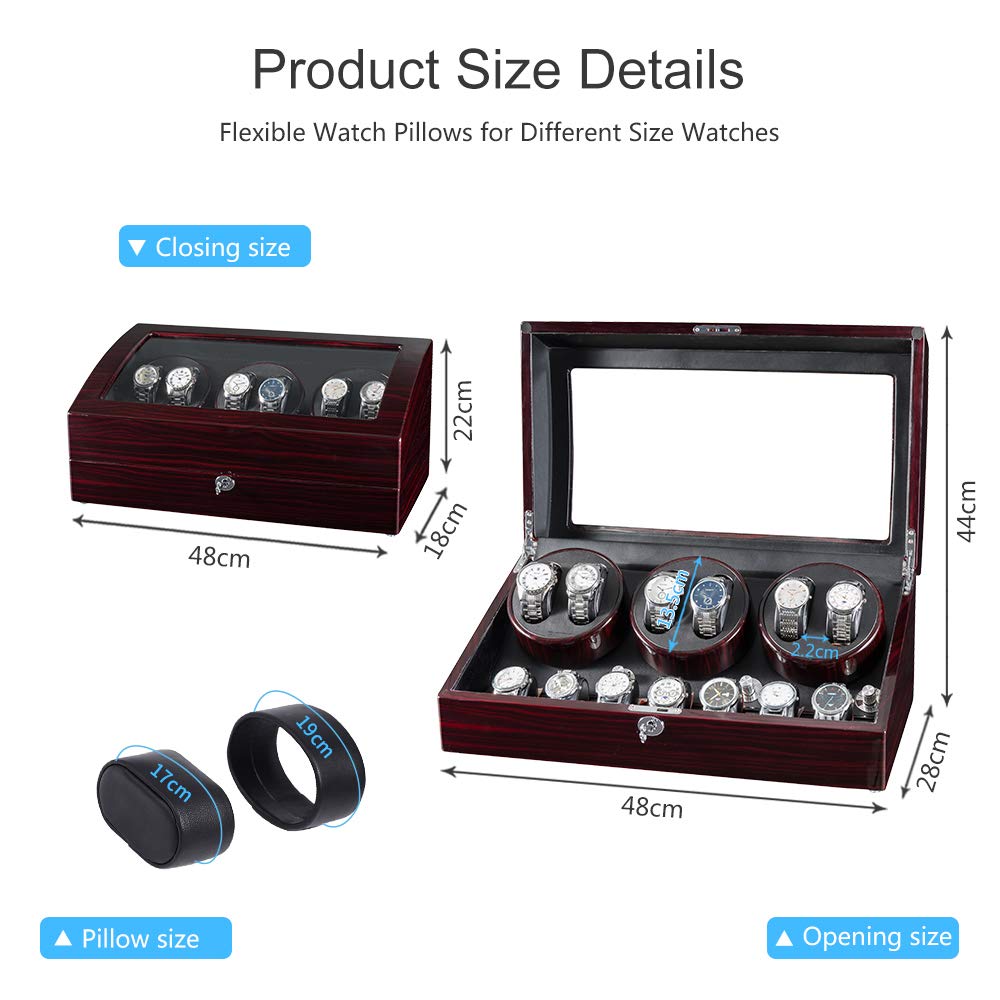 JQUEEN Automatic Watch Winder with 6 Watch Storage & 7 Watch Capacity - Ultra Quiet Japanese Motor & Soft Flexible Watch Pillows - Perfect for Luxury Watch Collection, Travel & Nightstand Storage