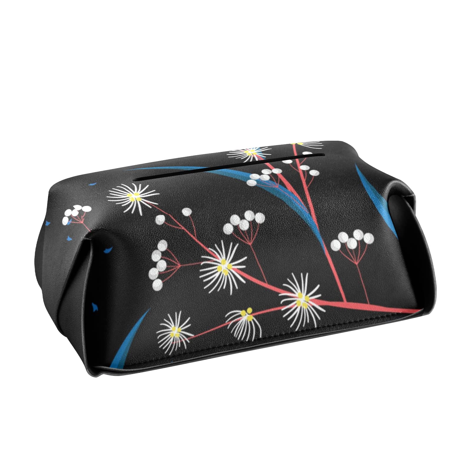 Premium Leather Tissue Box Cover with Handle - Square Dandelion Design Facial Tissue Dispenser for Nightstand, Bathroom Vanity, Office Desk & Bedroom Decor - Home & Office Organization Essential