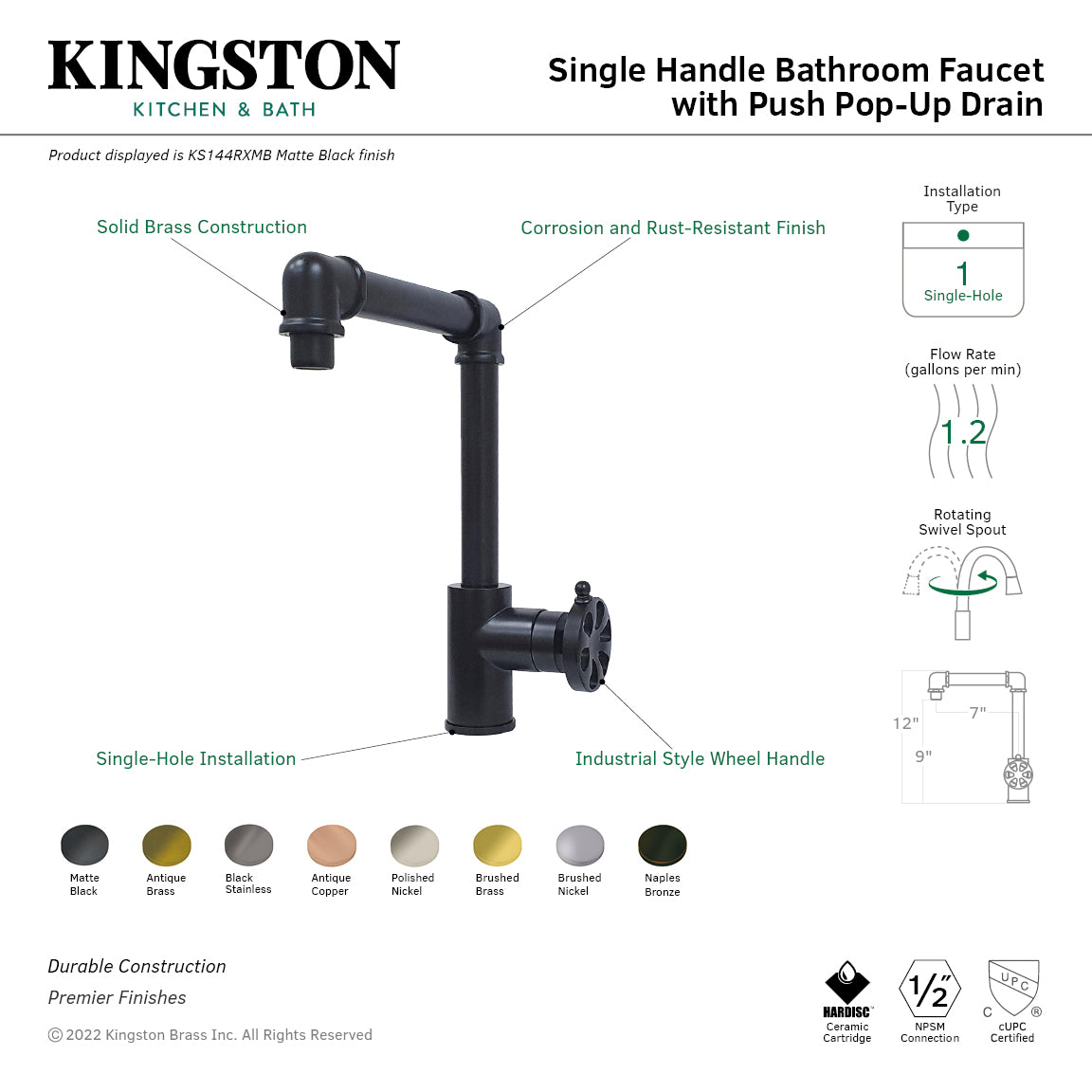 Belknap KS144RXBB Single Handle 1 Hole Bathroom Sink Faucet with Push Pop-Up Drain - Brushed Brass Finish for Bathroom Vanity, Powder Room & Guest Bath Installation