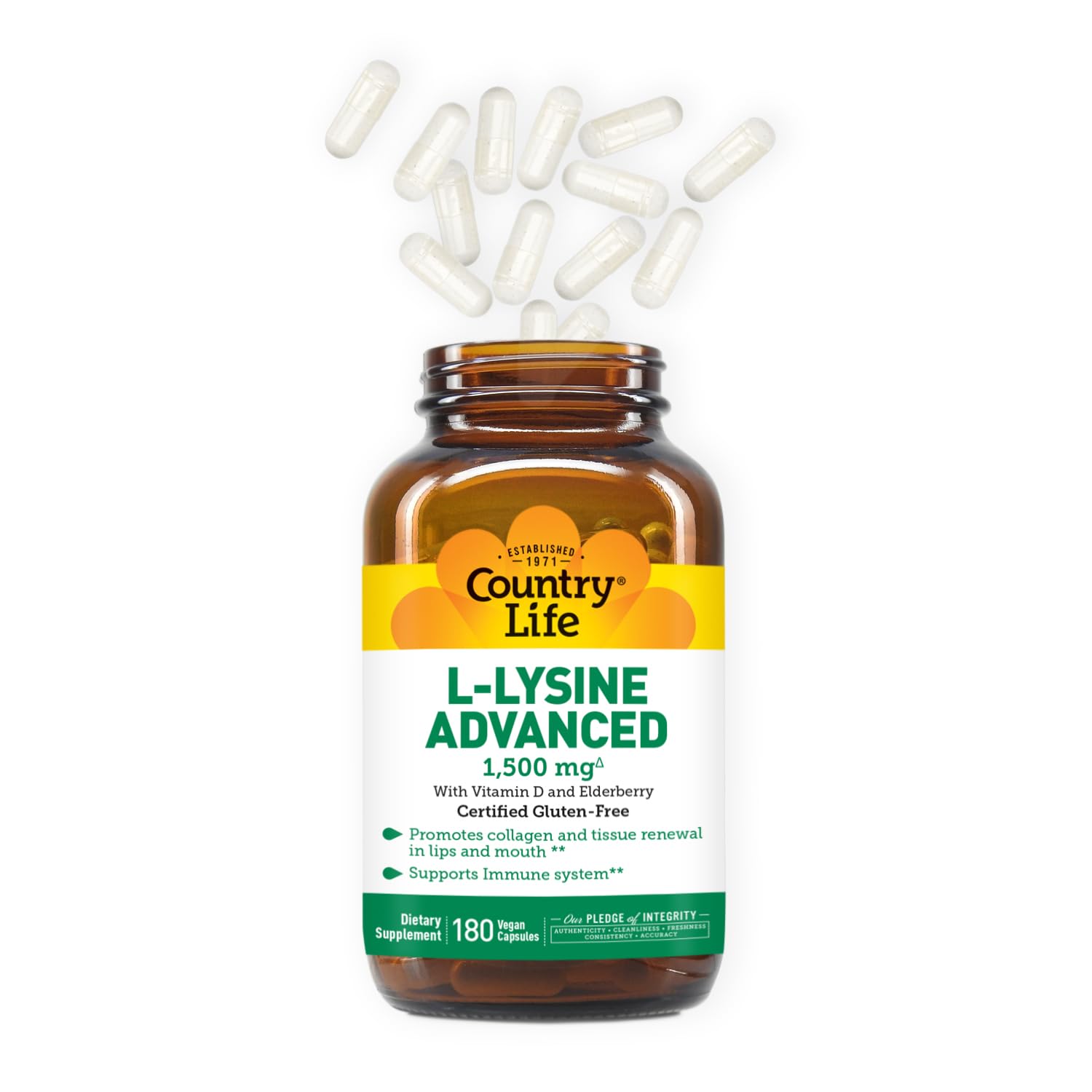 Country Life L-Lysine 1500mg with Vitamin D & Elderberry - Immune Support & Collagen Renewal Supplement - Gluten-Free Vegan Capsules (180 Count) - For Cold Season Wellness & Skin Health