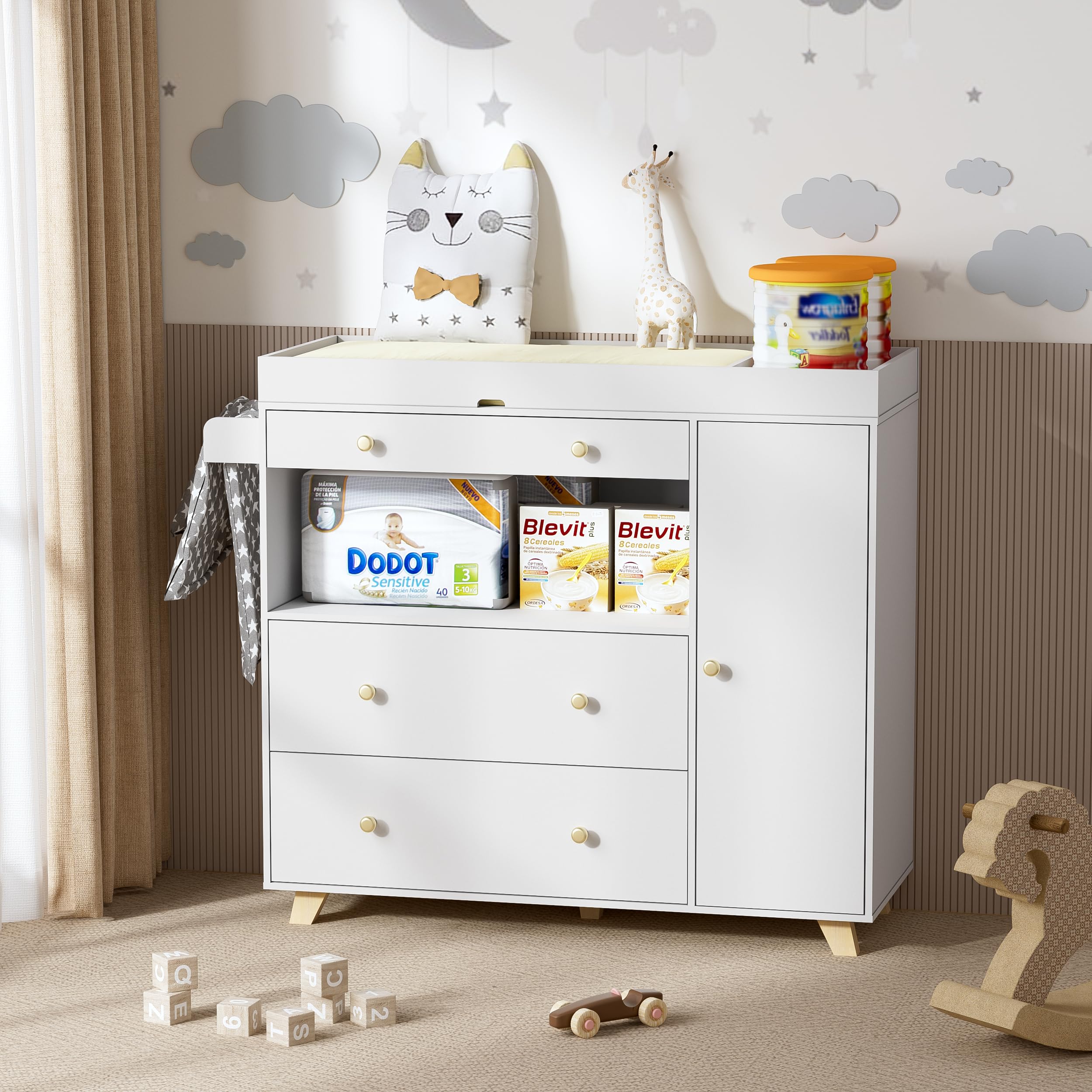 Modern White Changing Table Dresser with 3 Drawers & Wide Table Top - Nursery Baby Diaper Station, Perfect for Newborn Care & Toddler Organization