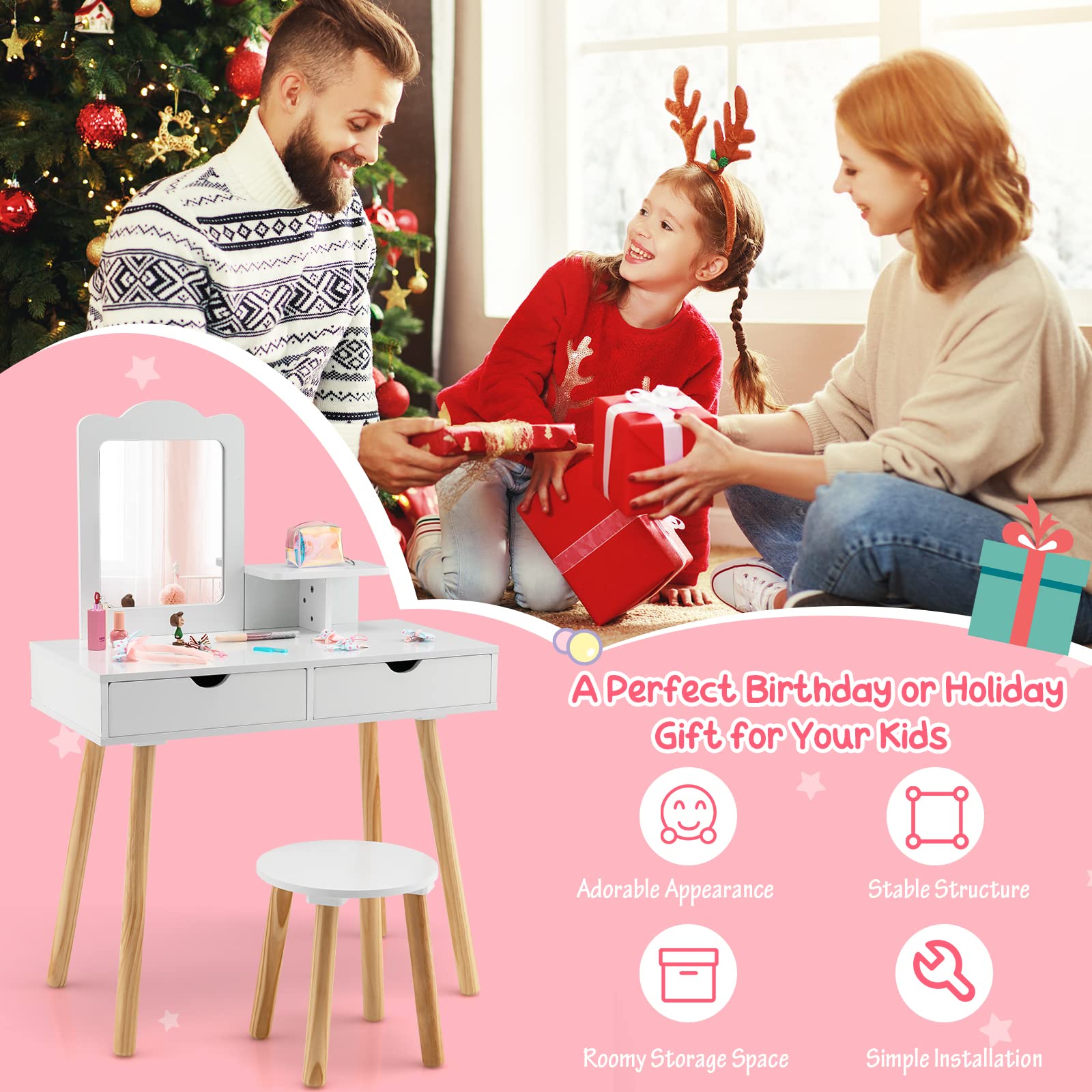 Costzon Kids Vanity Set with Mirror & Stool - White Wooden Princess Makeup Dressing Table for Girls, 2 Large Drawers & Storage Shelf, Pretend Play Vanity Table & Chair Set for Toddlers - Perfect for Bedroom Decor, Birthday Gifts & Role Play Activities