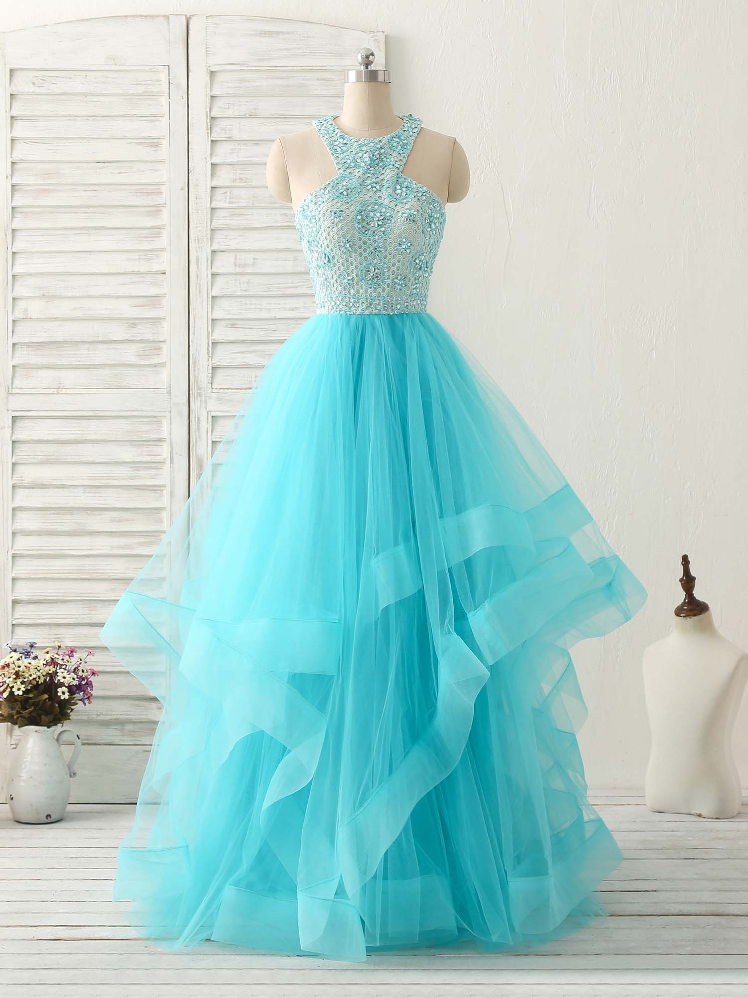 Elegant Royal Blue High Neck Tulle Long Prom Dress for Women - Perfect for Evening Gala, Homecoming Dance & Formal Occasions