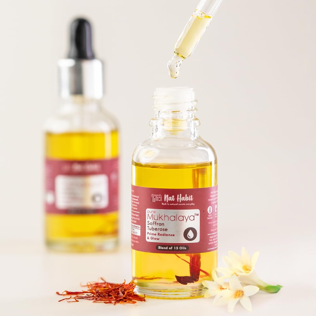 NAT HABIT Saffron Tuberose Mukhalaya Face Oil for Women - 15ml | Blend of 15 Cold Pressed Oils for Skin Radiance, Glow & Dullness Removal | Perfect for Daily Skincare Routine & Special Occasion Glow