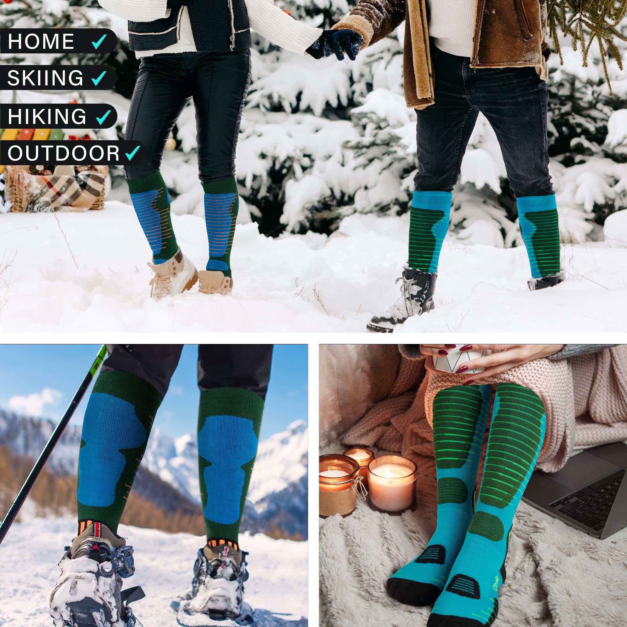 Merino Wool Ski Socks for Men & Women - 2 Pairs Warm Thermal Performance Socks for Skiing & Snowboarding