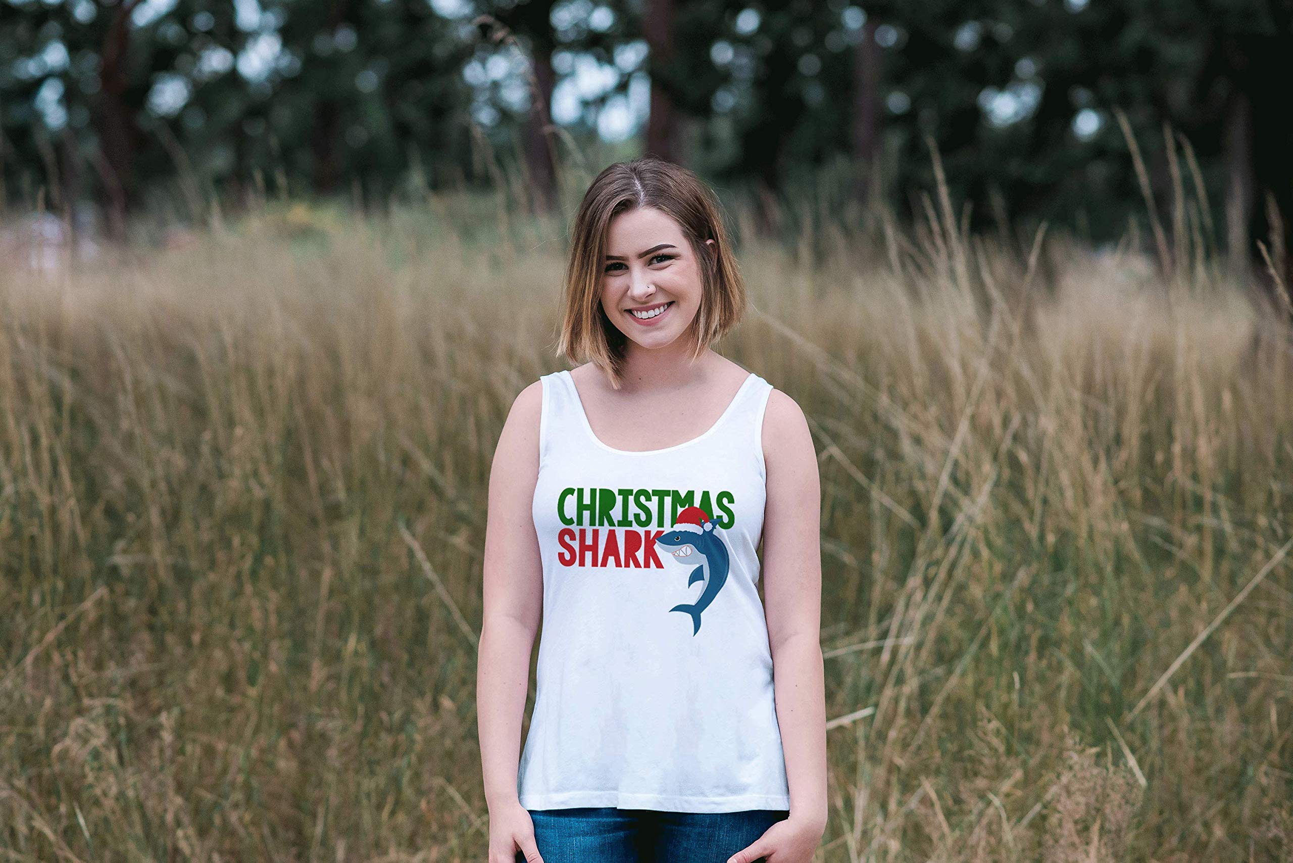 7 ate 9 Apparel Women's Shark Print Christmas Tank Top - White Holiday Party Top for Festive Outfits & Casual Wear