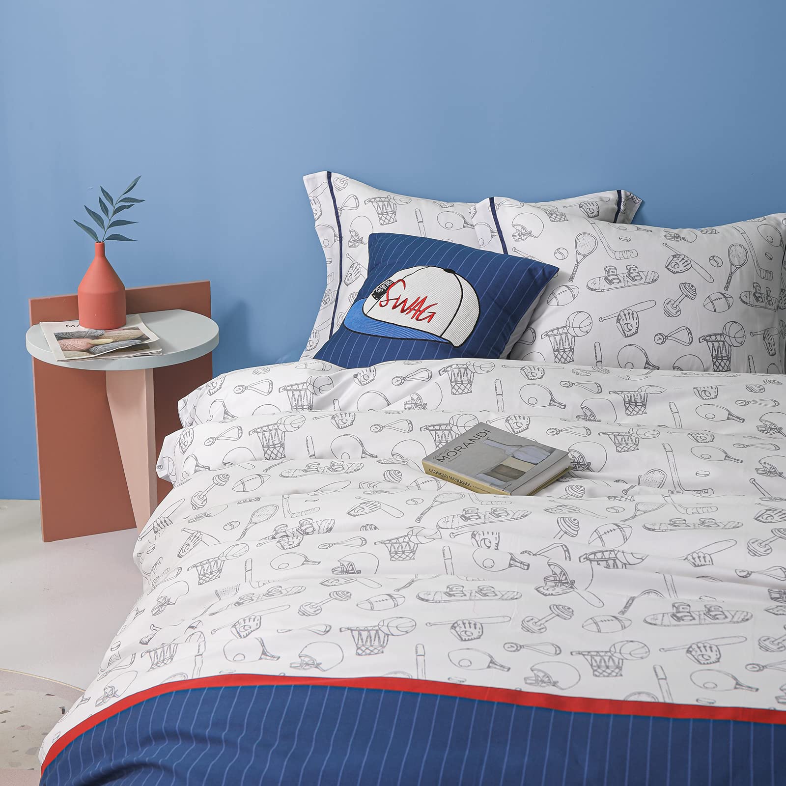 100% Organic Cotton Duvet Cover Set for Kids & Teens - 3 Piece Soft Cartoon Baseball Pattern Bedding with Zipper Closure - Twin Size - Perfect for Boys' Room Decor & Cozy Sleep