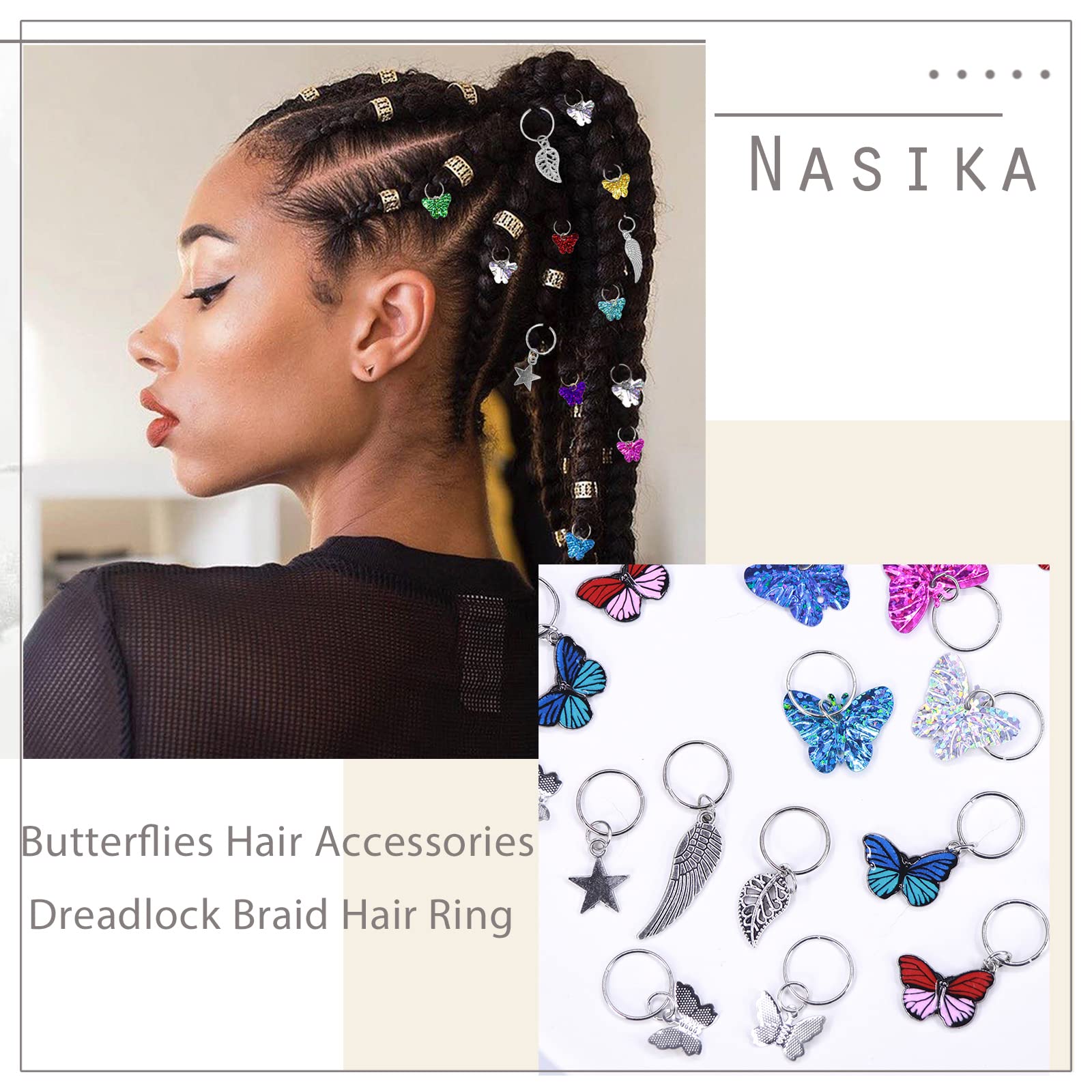 NAISKA 20Pcs Silver Butterfly Hair Clips - Dreadlock Accessories with Colorful Pendant Charms, Braid Beads & Cuffs - Hair Jewelry Gifts for Women (Perfect for Boho Style, Festivals, and Everyday Hair Styling)