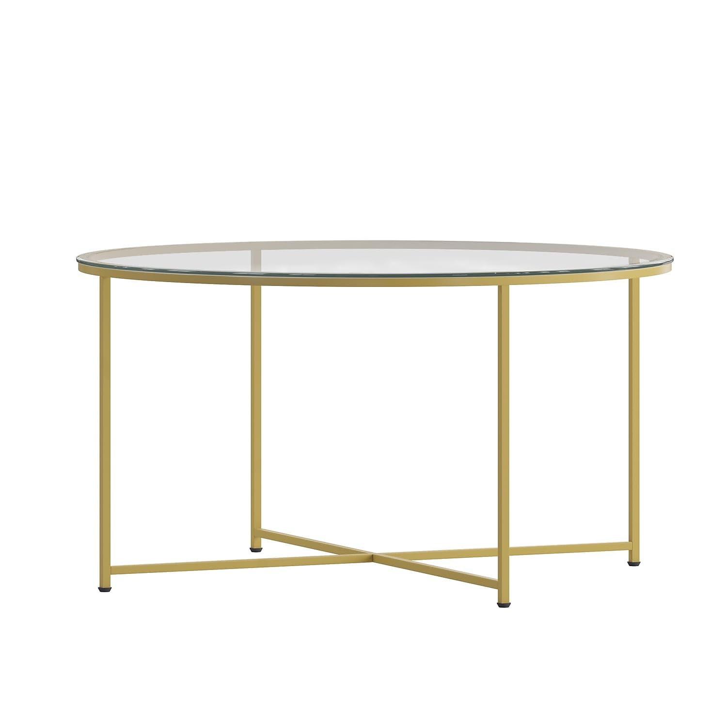 Flash Furniture Greenwich Collection Modern Glass Coffee Table with Brushed Gold Crisscross Frame - Stylish Living Room Centerpiece for Home Decor