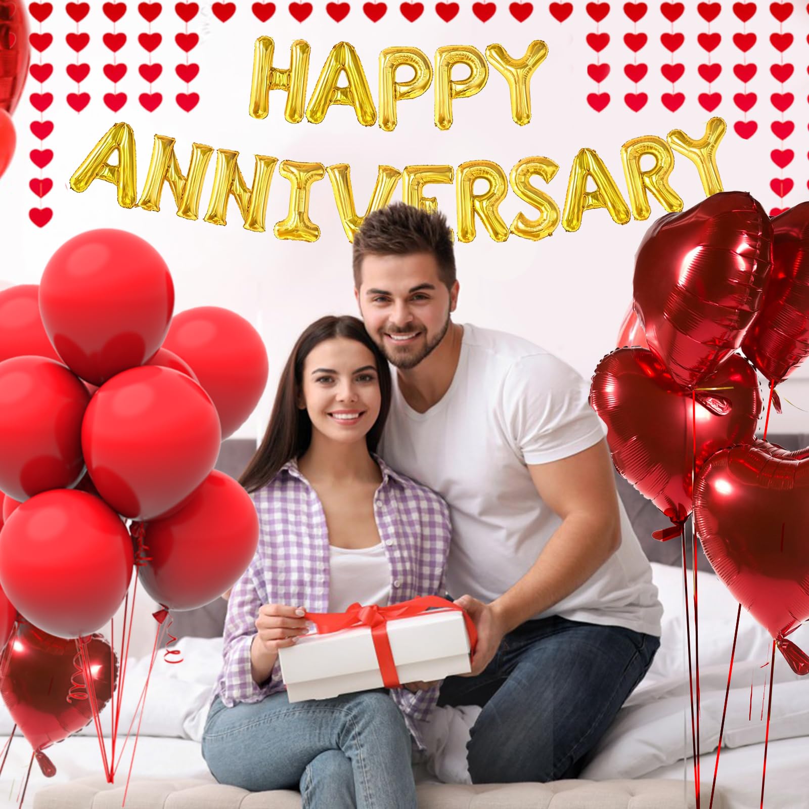 Happy Anniversary Balloons & Red Felt Garland - Romantic Party Decorations for Wedding, Bridal Shower, Anniversary Celebrations - Includes String Hearts, Red Balloons & Silk Rose Petals - Perfect for Indoor/Outdoor Party Decor