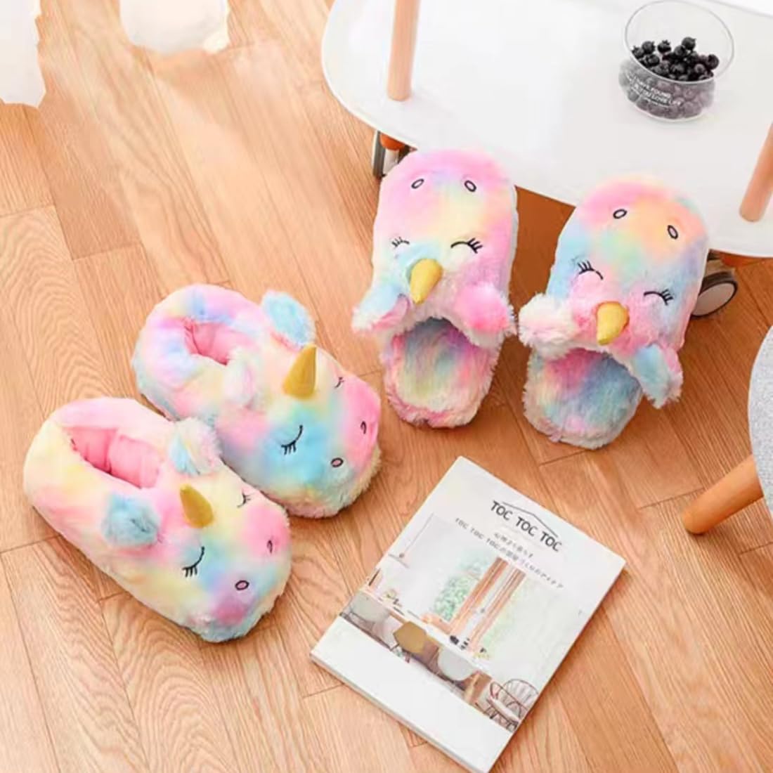 HANDKEI Cute Rainbow Unicorn Slippers - Plush Animal House Shoes for Women & Girls - Soft Warm Winter Indoor Slippers for Home, Lounge, Bedroom - Cozy Gift Idea for Christmas & Birthday