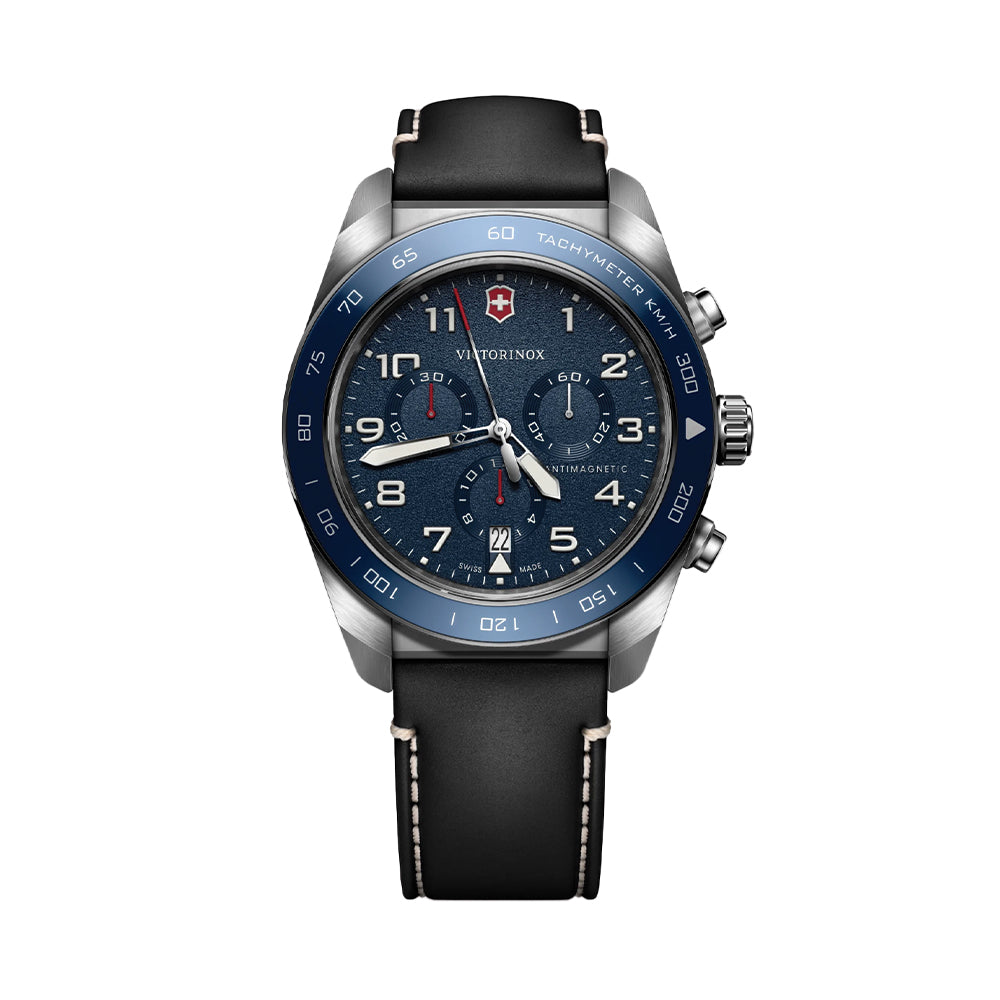 Swiss Army Chrono Quartz 42mm Blue Dial Men's Watch with Black Leather Strap - Perfect for Business, Casual Wear & Outdoor Adventures