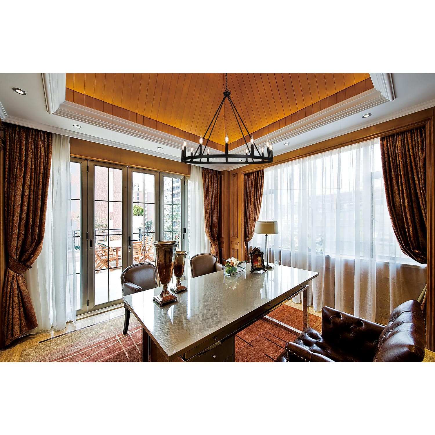12-Light Drum Chandelier with Wooden Pattern Steel Frame - 16