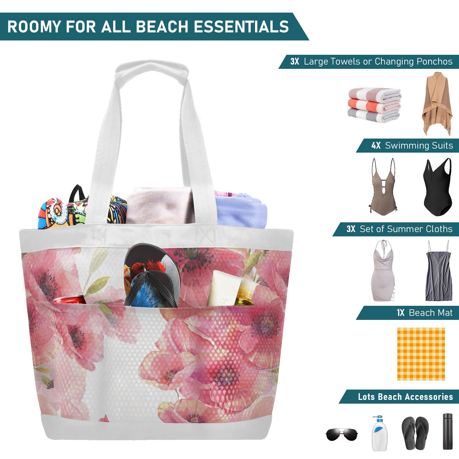 J JOYSAY Poppy Watercolor Mesh Beach Tote Bag - Large Waterproof & Sandproof Women's Travel Tote for Beach, Pool, Vacation & Summer Outings