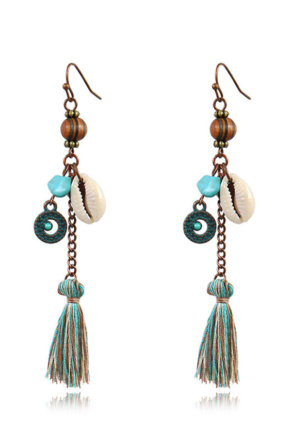 Handmade Vintage Wooden Bead Shell Tassel Earrings for Women - Boho Chic Dangle Earrings for Beach, Festival & Everyday Wear