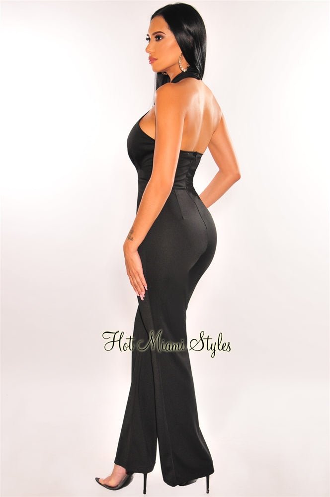 Black Halter CrissCross Cut Out Palazzo Jumpsuit for Women - Sexy Summer Wide Leg Romper with High Waist - Perfect for Beach Vacation, Party & Night Out