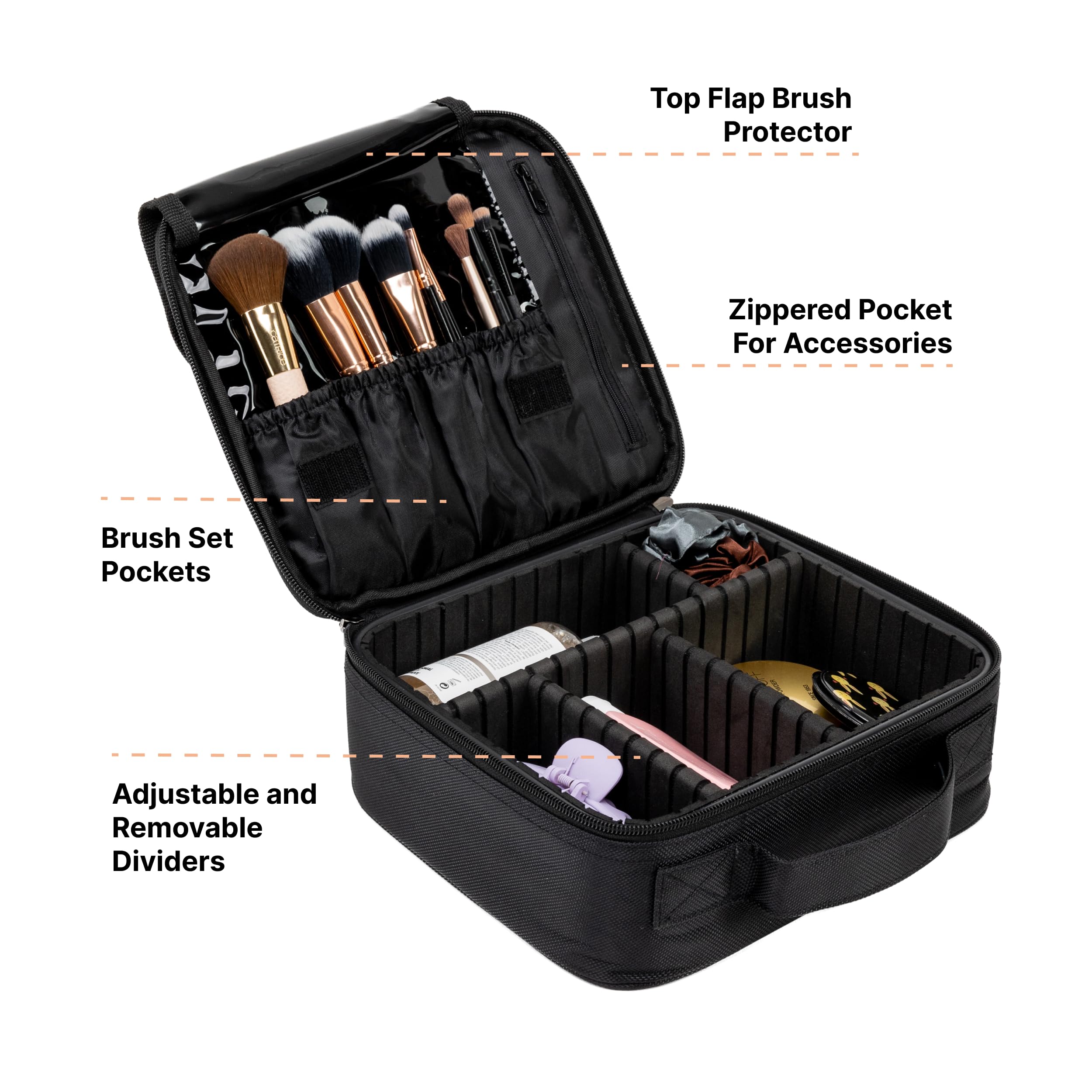 Travel Makeup Train Case Organizer - Adjustable Dividers for Cosmetics & Jewelry - Perfect for Travel & Storage (Black)