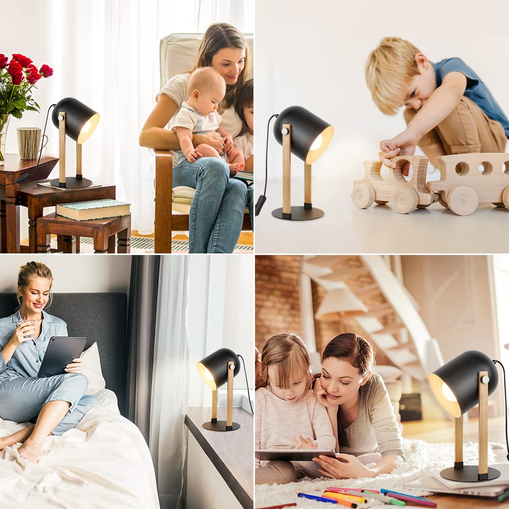 Depuley Modern Table Lamp - 360° Rotatable Retro Desk Lamp with Wood & Metal, Eye Protection LED Reading Lamp for Bedroom, Kids Room, Plant Care, Study & Office Use