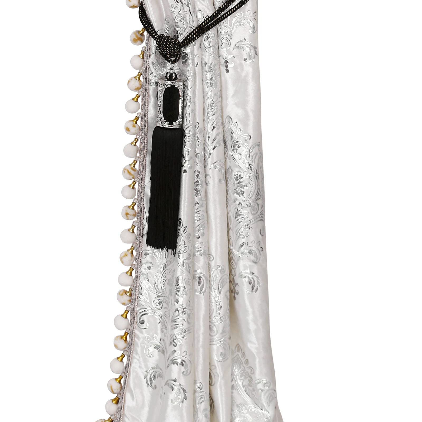 Luxury White Pom Poms Lined Velvet Blackout Curtains Set - 2 Panels, Foil Silver Trim, 52x96 Inches - Elegant Tassel Bedroom & Living Room Drapes for Light Blocking & Privacy