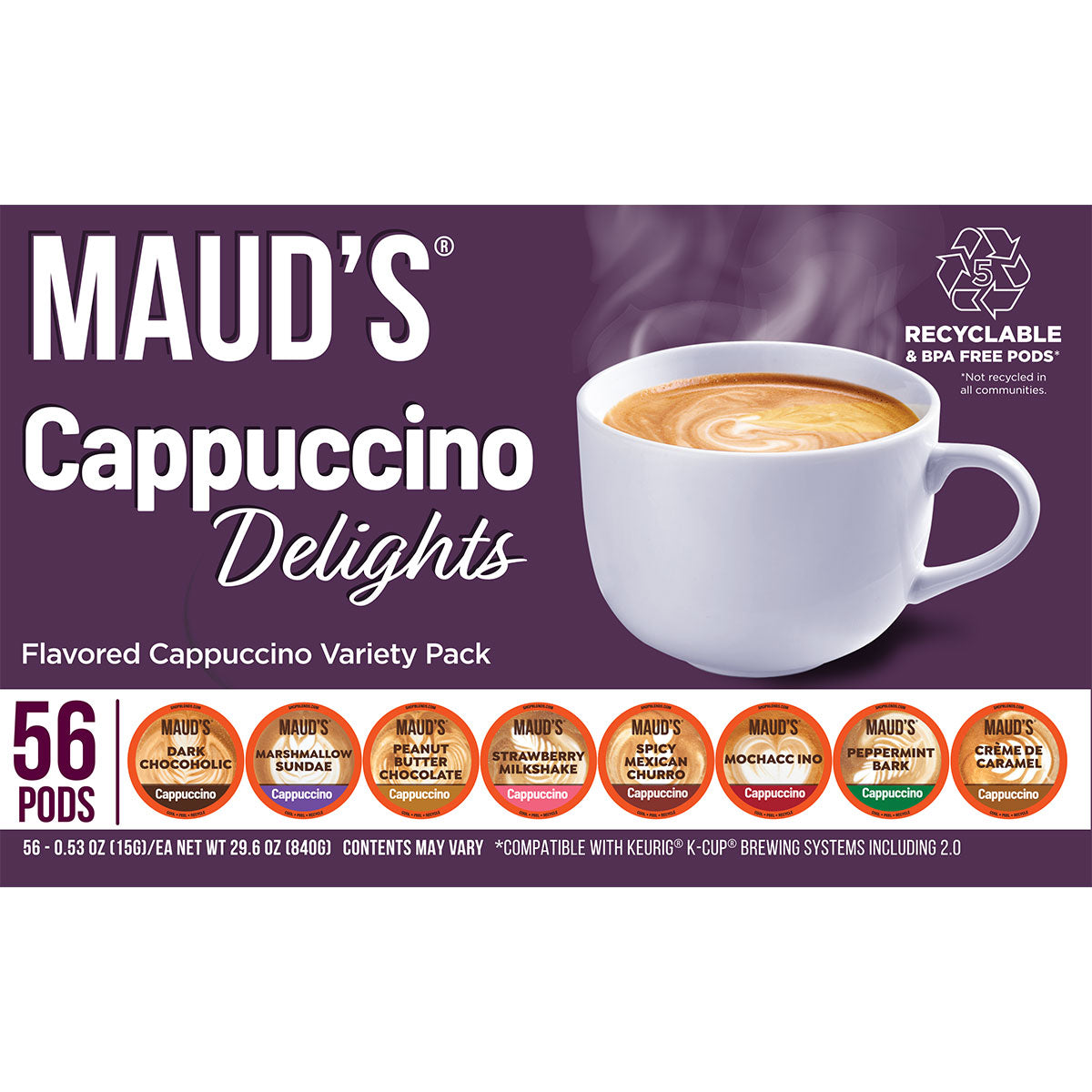 Maud's Cappuccino Variety Pack Coffee Pods - 8 Delicious Flavors for Keurig & Nespresso Machines - Perfect for Home, Office & Gifts