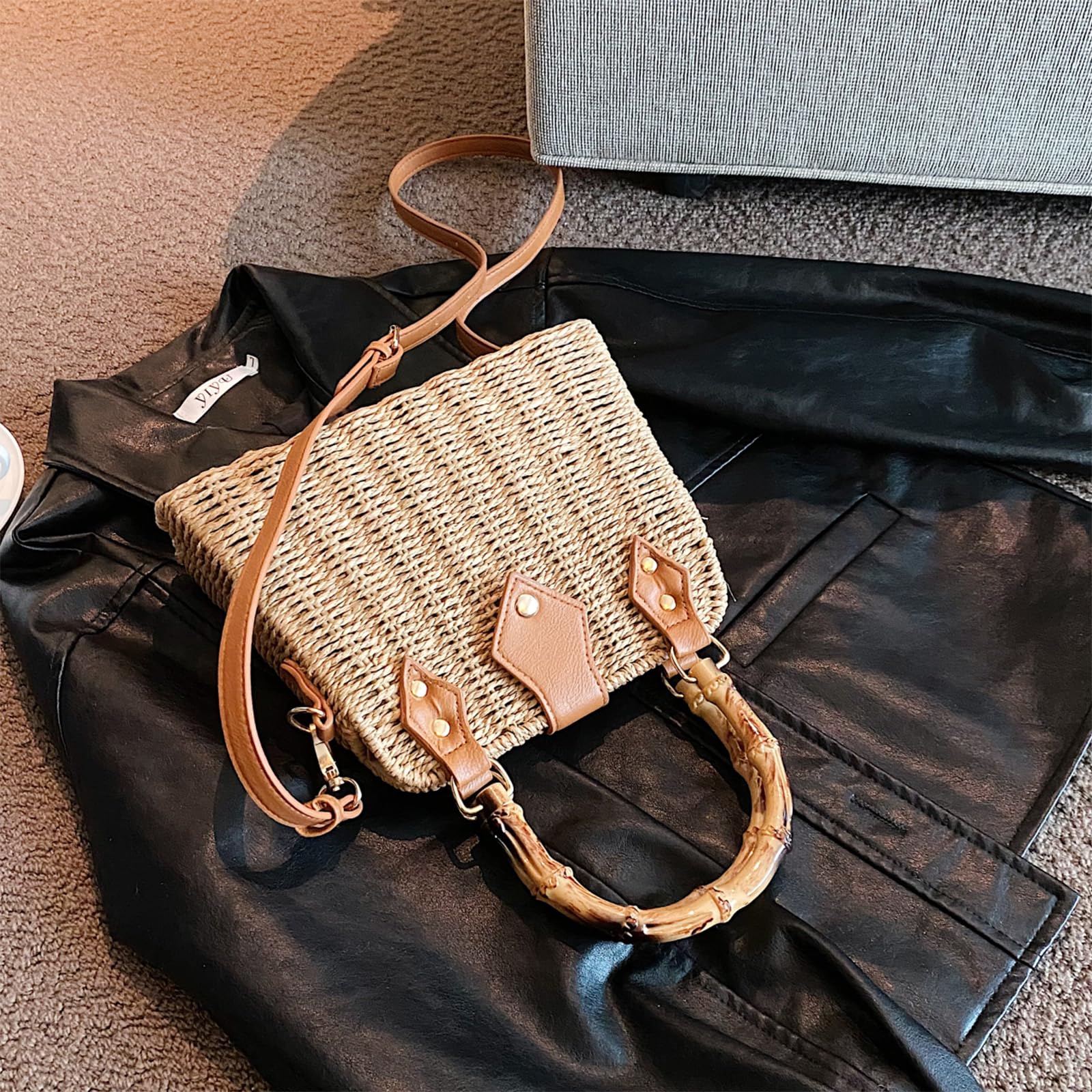 Trendy Straw Tote Bag for Women - Summer Woven Crossbody Wicker Purse with Bamboo Handle | Beach, Picnic & Shopping Accessory