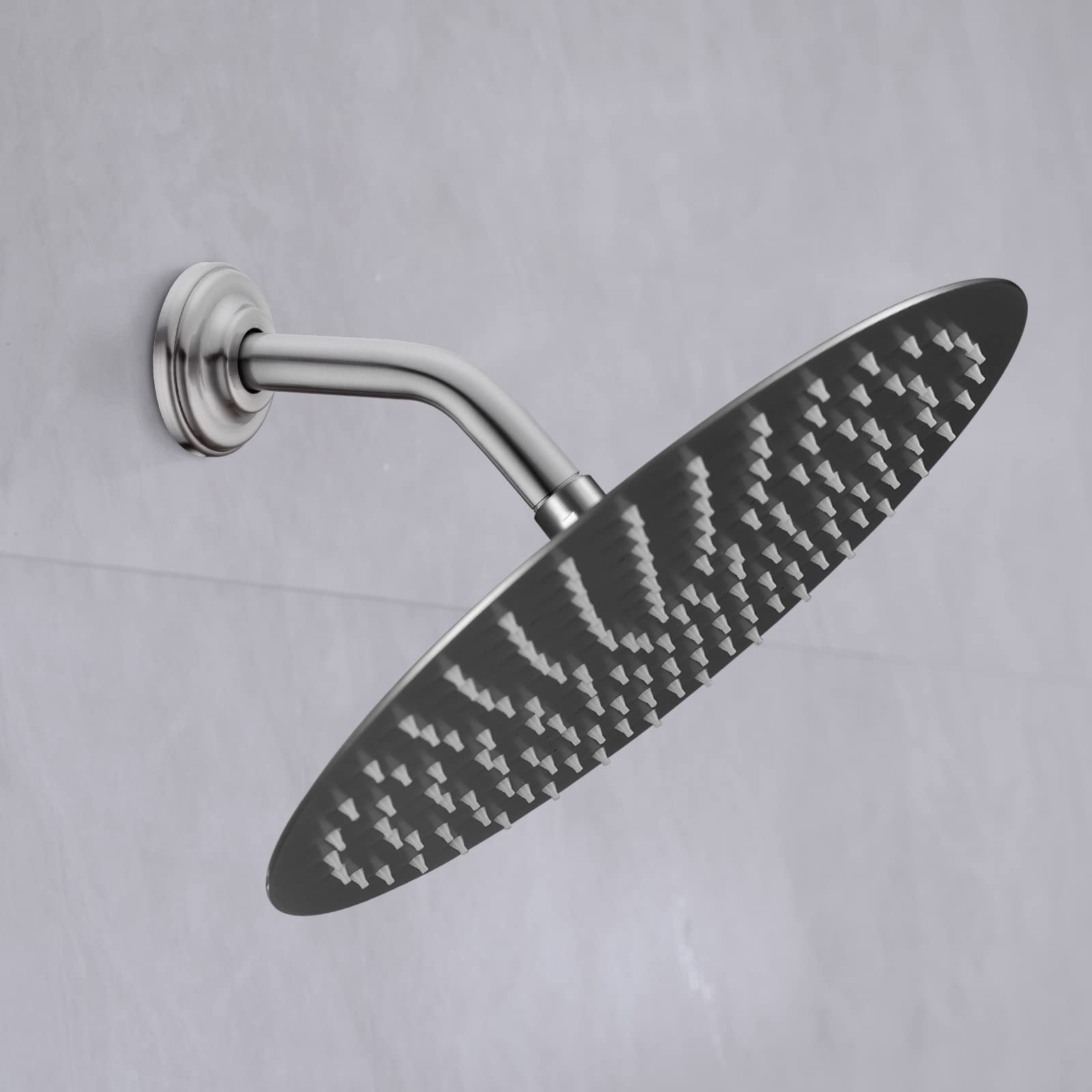 6 Inch Brushed Nickel Shower Arm - Angled Shower Head Extension Pipe with Flange, Stainless Steel Curved Shower Neck for Wall Mounted Rain Shower - Perfect for Bathroom Renovation & Spa-Like Shower Experience