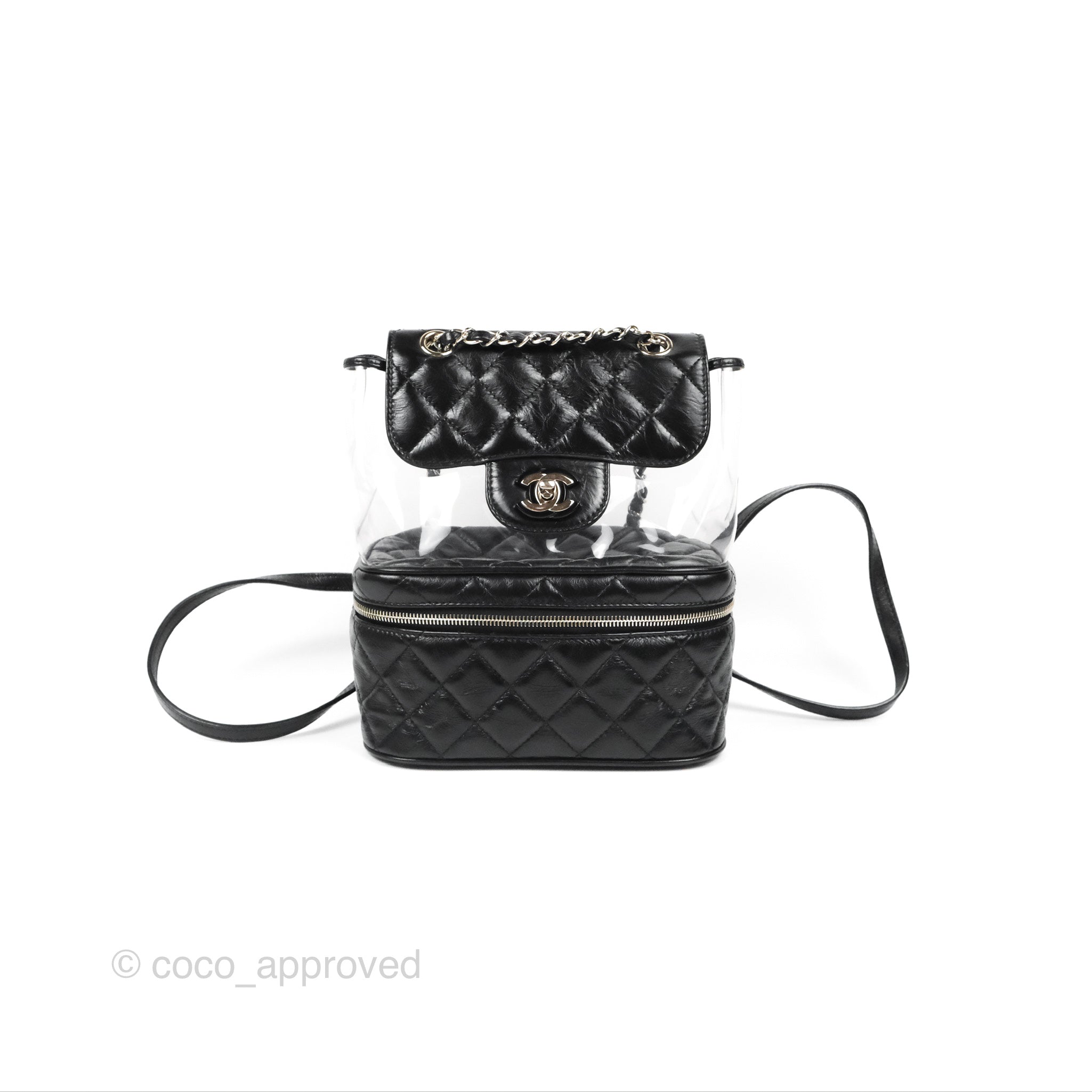 Chanel Aquarium PVC Backpack in Black Crumpled Calfskin with Silver Hardware - Luxury Designer Handbag for Women, Perfect for Travel, Shopping & Everyday Use