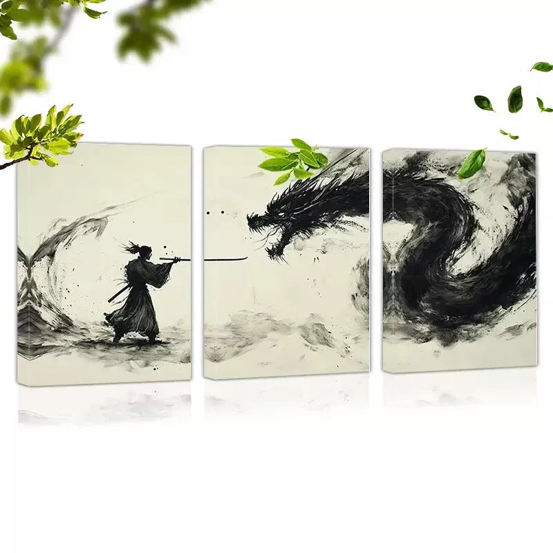 3-Piece Ancient Japanese Dragon & Samurai Wall Art Canvas Set - Framed 50x70cm High Quality Print | 100% Australian Made | Ready to Hang | Perfect for Living Room, Bedroom & Office Decor