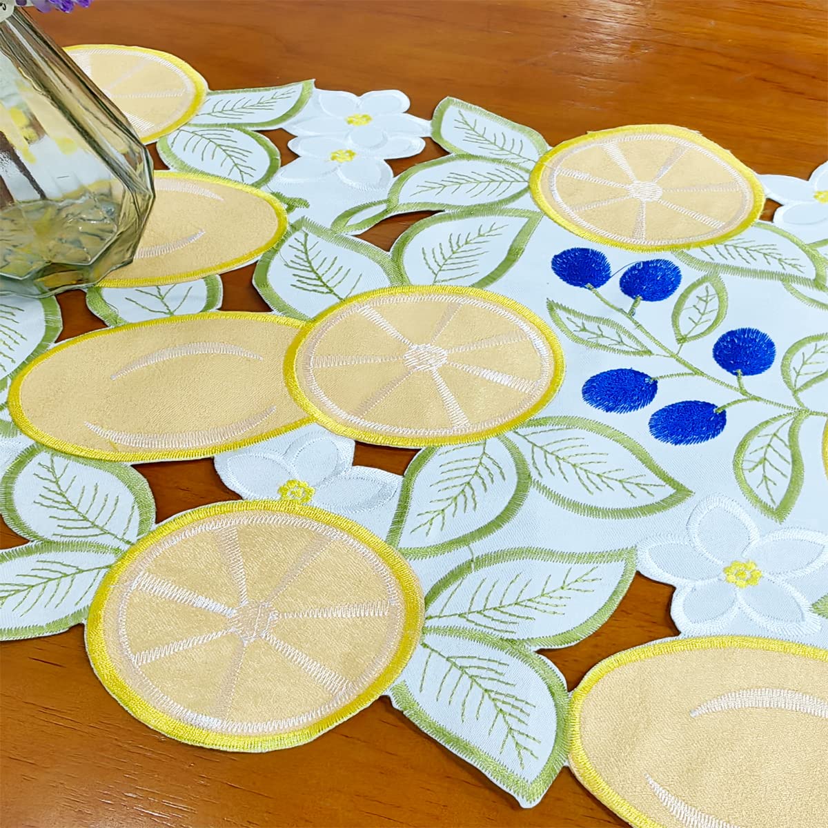 Bringsine Floral Embroidered Table Runner with Lemon & Butterfly Design - 14 x 72 Inch Spring Summer Decorative Dresser Scarf for Dining Table, Buffet, Wedding & Home Decor