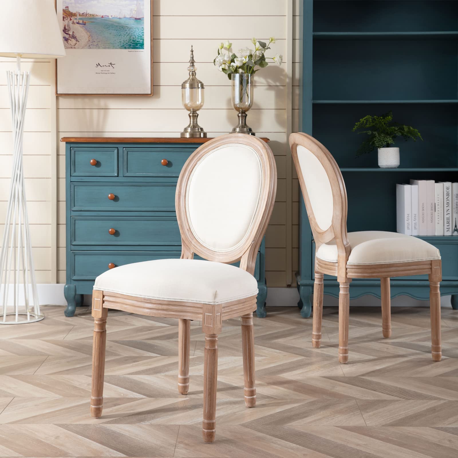 HomVent Upholstered French Country Dining Chairs Set of 2 - Farmhouse Fabric Vintage Dining Room Chairs with Round Curved Backrest & Solid Wood Legs - Perfect for Kitchen, Living Room, Restaurant & Cottage Decor