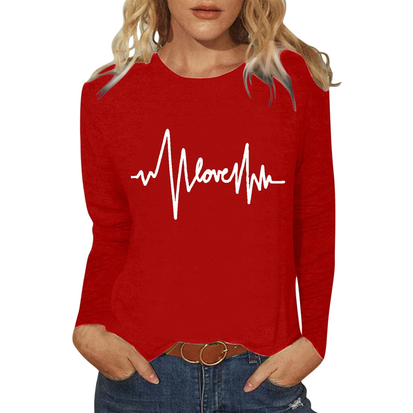 Women's Casual Long Sleeve Graphic T-Shirt - Crew Neck Baggy Pullover Tunic Top Blouse - Lightweight Comfortable Shirt for Everyday Wear, Lounge & Street Style