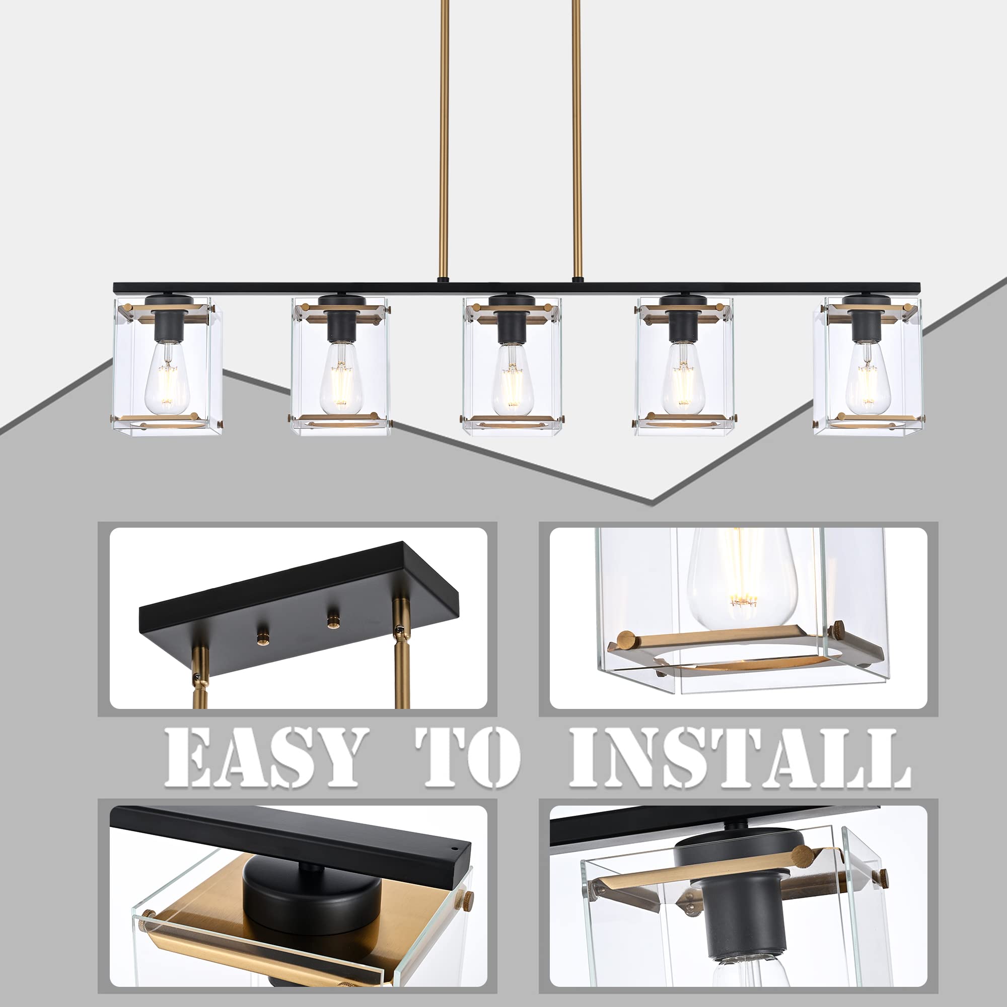 MELUCEE 5-Light Modern Linear Chandelier - Black and Brass Rectangular Pendant Light with Clear Glass Shades for Kitchen Island, Dining Room, Living Room | Perfect for Contemporary Home Decor and Open Concept Spaces