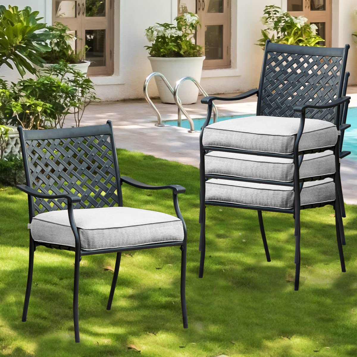 4-Piece Grey Metal Dining Chair Set with Arms & Cushions - Indoor/Outdoor Patio, Bistro, Cafe Side Chairs - Perfect for Backyard, Restaurant, and Home Dining Use
