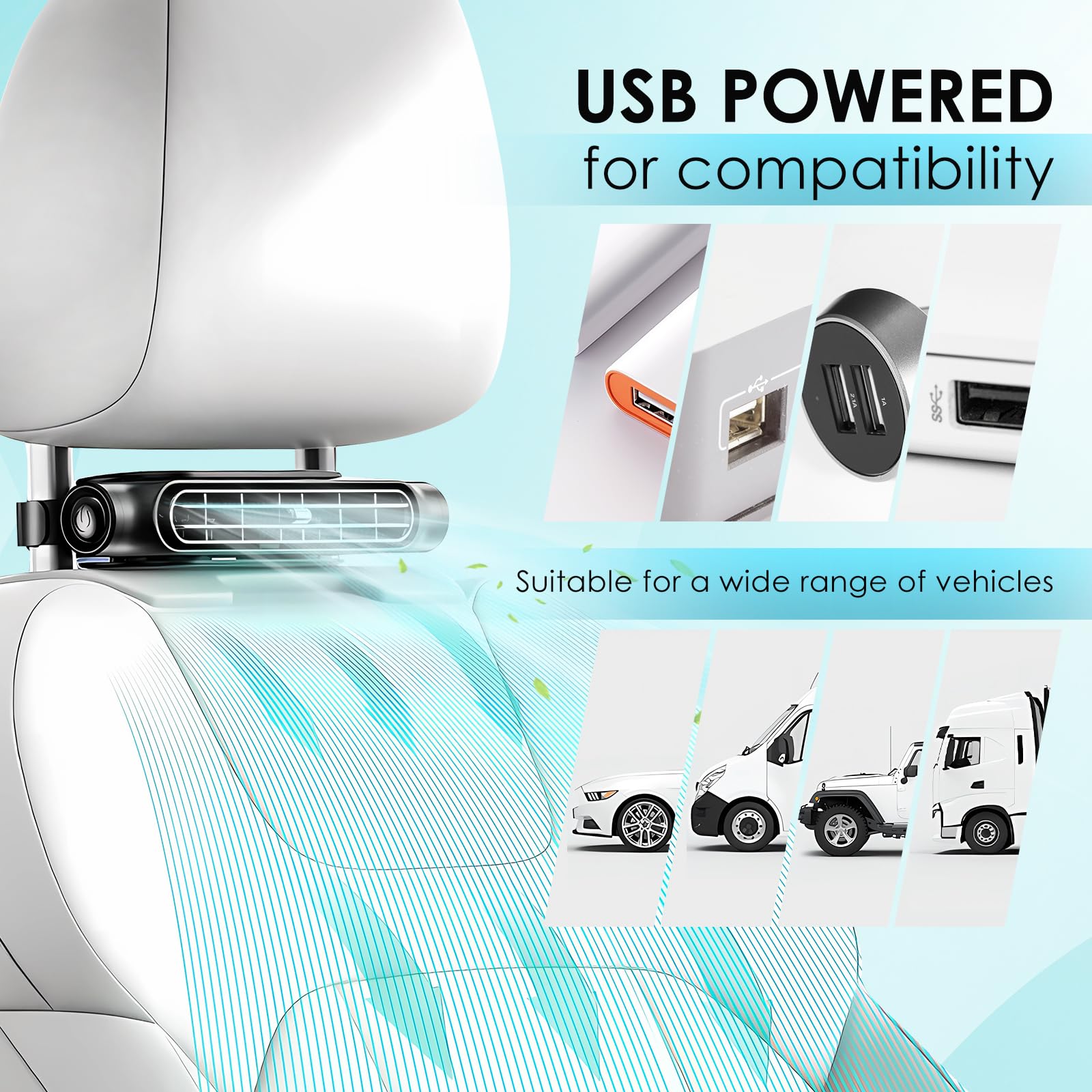 Keweis USB Car Seat Cooling Fan - 3 Speed Adjustable Headrest Fan for Front & Rear Seats, Portable Vehicle Fan for SUV, RV, Trucks - Perfect for Summer Road Trips & Hot Weather Commuting (Black)