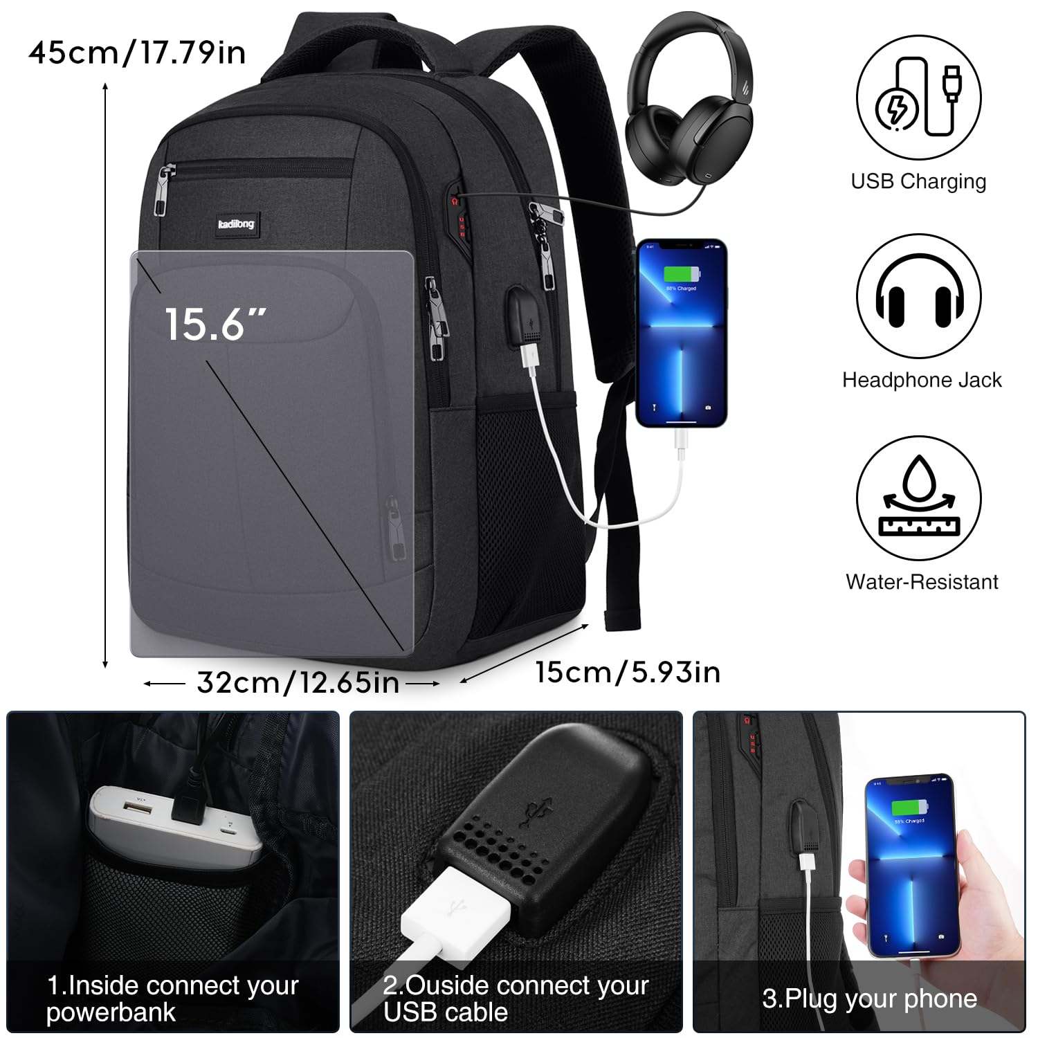Men's Laptop Backpack with USB Charging Port - Durable School & College Bookbag for Teen Boys, Fits 15.6 Inch Laptop & Notebook, Ideal for Work, Business, Middle & High School, Black - Perfect for Daily Commute & Travel