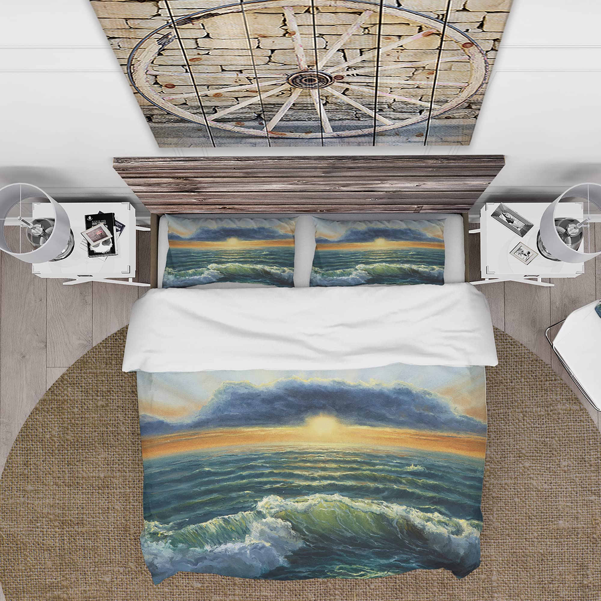 DesignQ Sunset Over Cloudy Ocean Nautical Duvet Cover Set - Twin Size Blue Coastal Bedding (3-Piece) | Soft All-Season Beach-Themed Comforter Cover for Guest Rooms, Vacation Homes & Coastal Decor