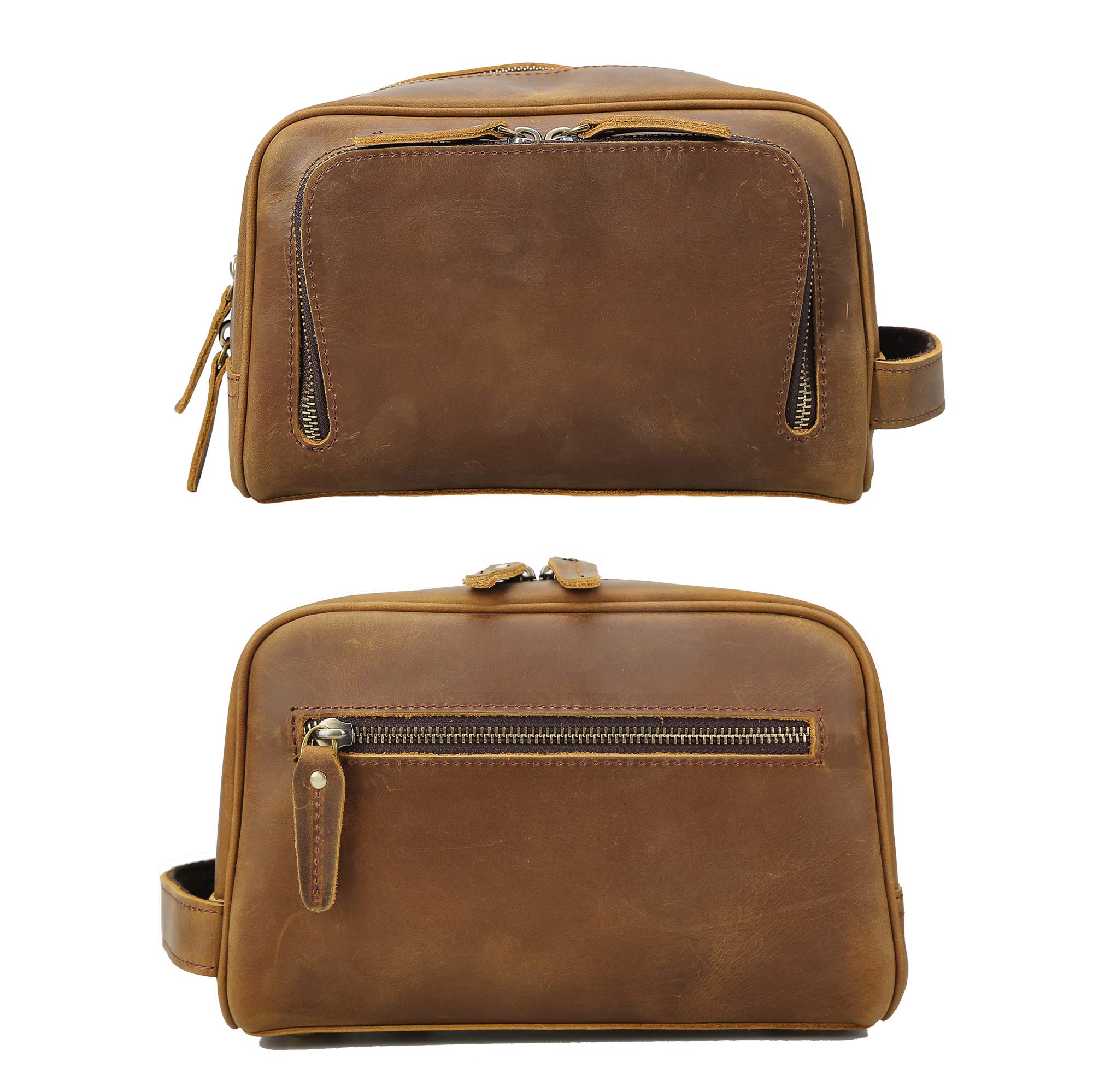 Vintage Full Grain Leather Dopp Kit for Men - Handmade Travel Toiletry & Shaving Bag with YKK Metal Zippers (Brown) - Perfect for Business Trips, Camping & Grooming Essentials