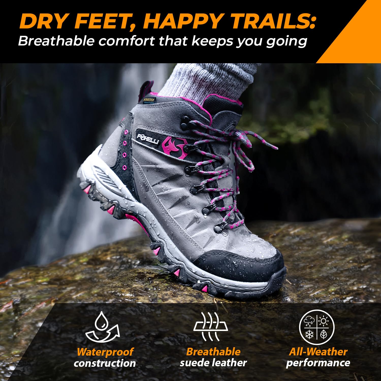 Foxelli Women's Waterproof Hiking Boots - Lightweight Breathable Suede Leather Outdoor Shoes for Trail Walking & Mountain Climbing