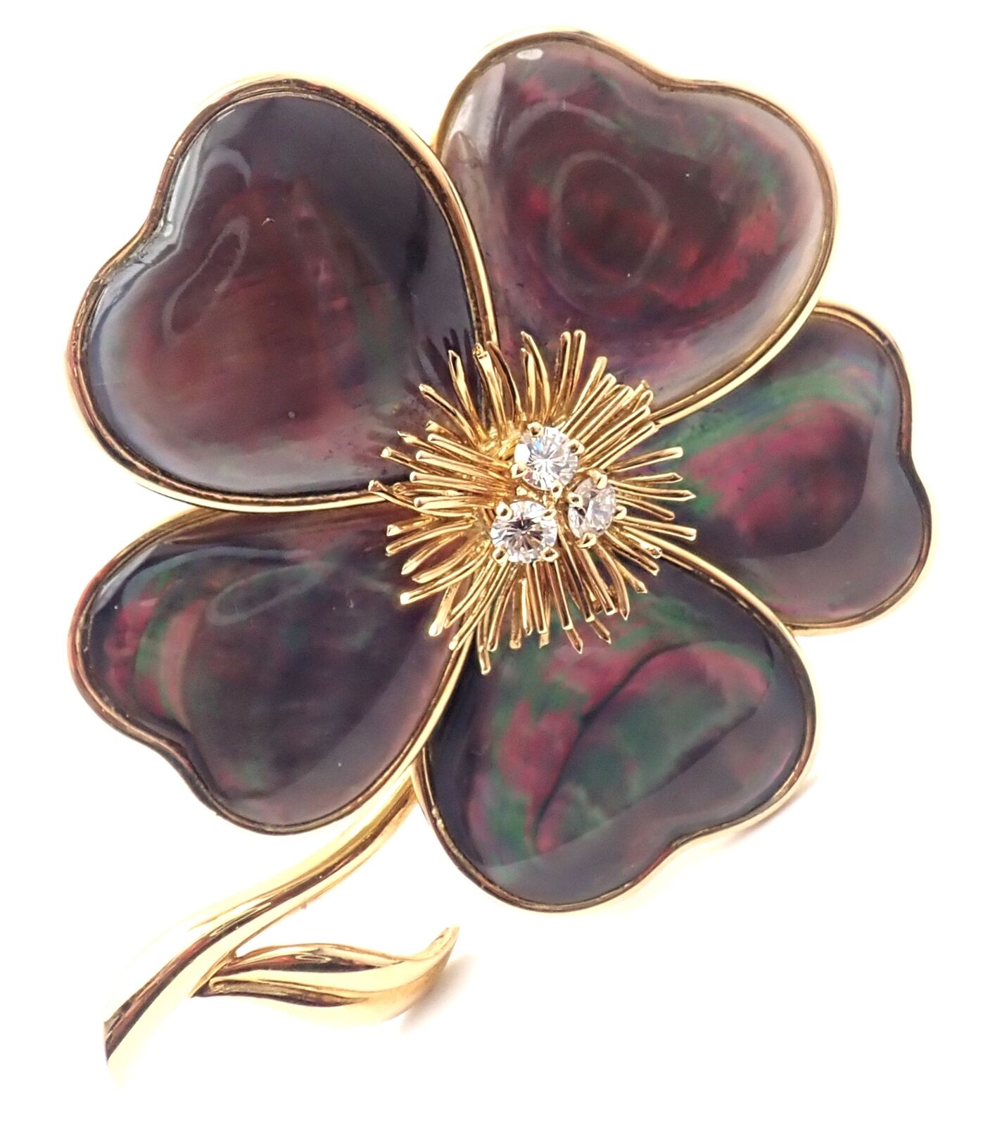 Van Cleef & Arpels Clématite 18k Yellow Gold Diamond & Gray Mother of Pearl Brooch Pin - Luxury Jewelry Gift for Women, Perfect for Weddings & Special Occasions