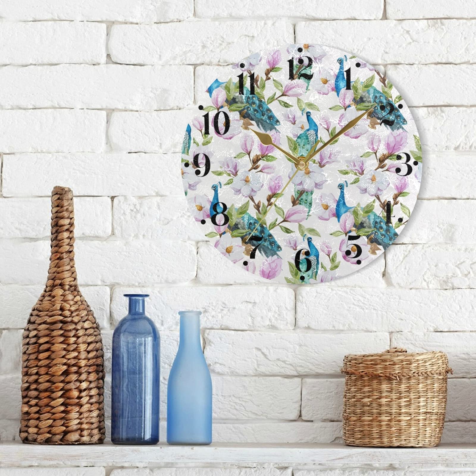 Magnolia Flower Peacock Wall Clock - Silent Non-Ticking Battery Operated Round Modern Art Clock for Kitchen, Living Room & Bedroom Decor | Perfect for Home, Office & Gift Giving