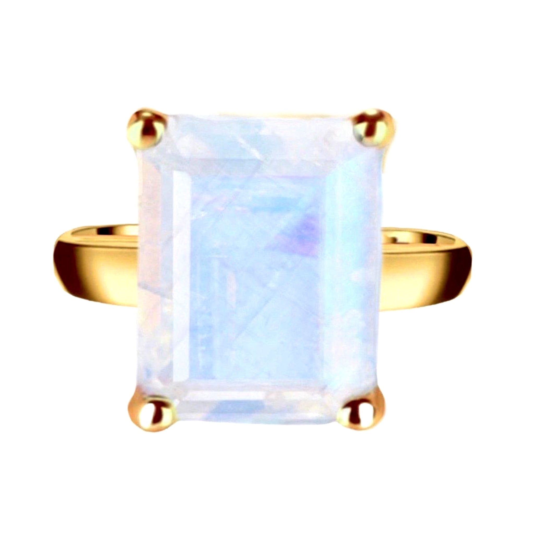 Exquisite Emerald Cut Crystal Gold Moonstone Ring for Women – Elegant Jewelry Gift for Birthday, Anniversary & Special Occasions
