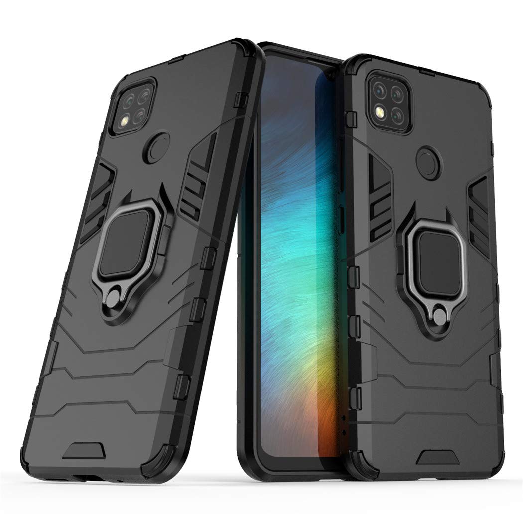 Shockproof Hard Bumper Case for Xiaomi Redmi 9C & 10A - Metal Ring Grip & Kickstand | Magnetic Car Mount Compatible | Dual Layer Rugged Protective Cover (Black) - Perfect for Outdoor Activities & Daily Use
