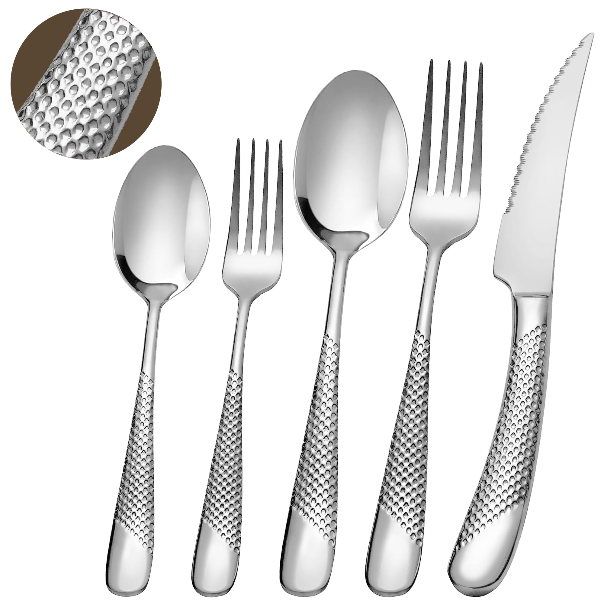 20-Piece Hammered Silver Silverware Set - 18/10 Stainless Steel Flatware Set for 4 - Modern Cutlery Set with Forks, Spoons & Knives - Elegant Dining & Entertaining Tableware for Home & Restaurant Use