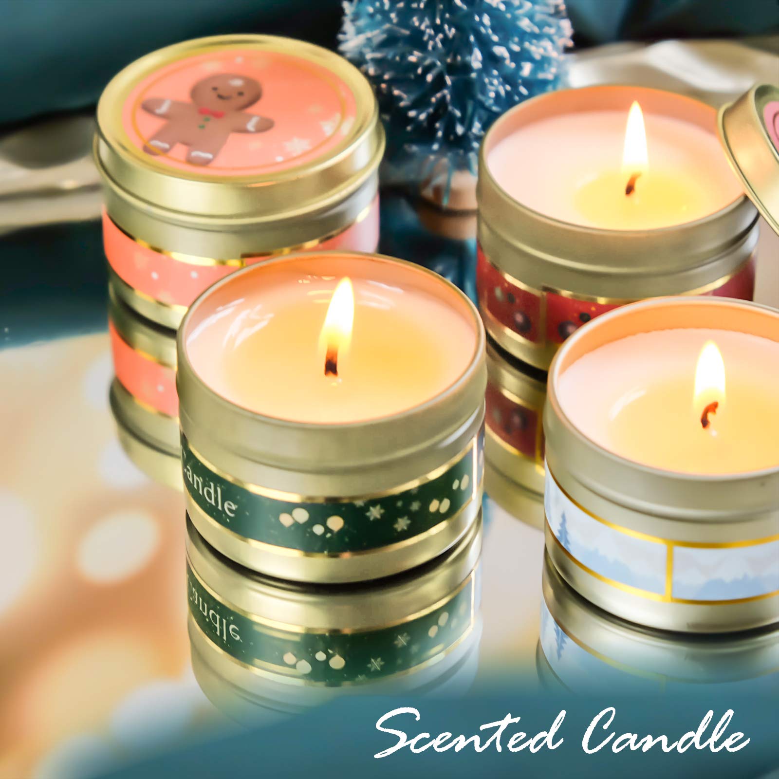 STRN Christmas Scented Candles Gift Set - 4 Pack Holiday Candles in Travel Tins (Apple Cinnamon, Gingerbread, Noble Wine, Winter Cedarwood) for Home Decor, Cozy Ambiance & Thoughtful Gifts